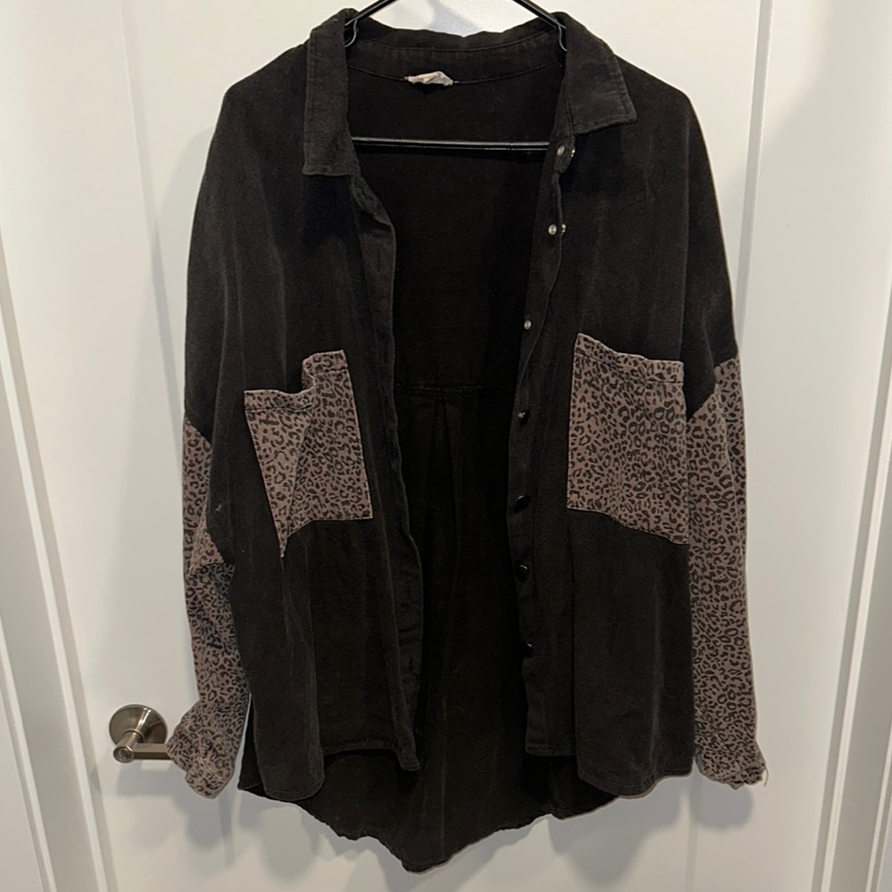 Black Button-Up Shirt with Leopard Print Accents
